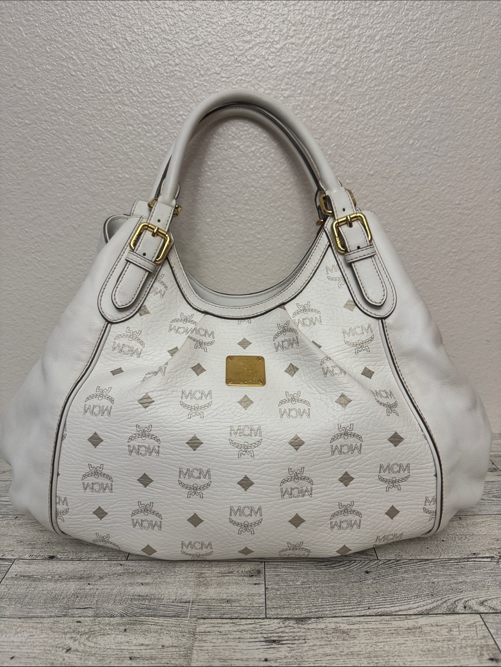 MCM White Logo Shoulder Bag with Gold Hardware